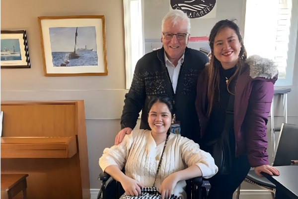Junie in a wheelchair in Mission to Seafarers Halifax Centre